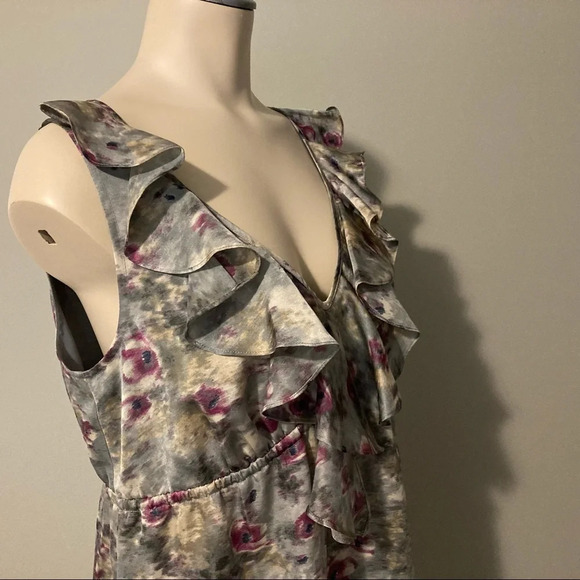 LOFT Gray & Purple Watercolor Print Ruffle Dress 4 - Picture 9 of 15